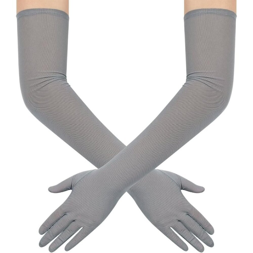 Women's Tulle Mesh Gray Long Stretchy Gloves Halloween Party Wedding Costume